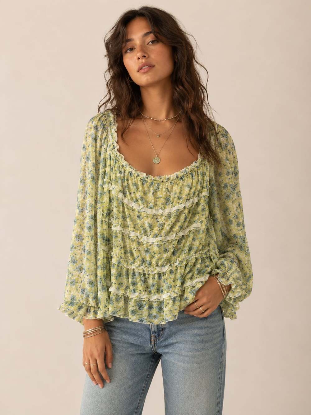So Floral Ruffle Tiered Long Sleeve Blouse XL